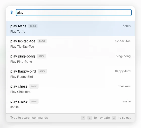 🖼️ Command menu: input `play` and list of games